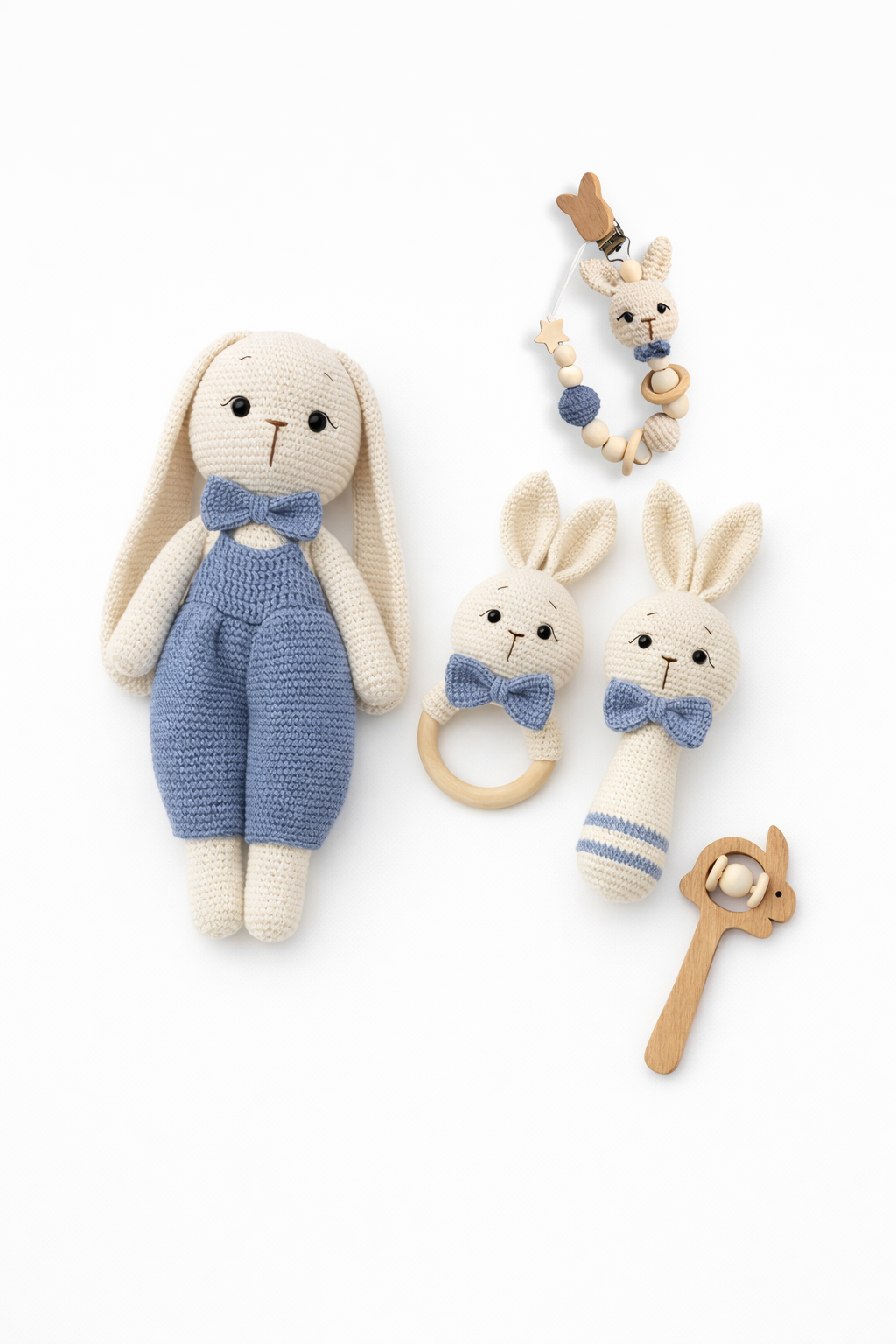 ENSEMBLE CADEAU BÉBÉ LAPIN AU CROCHET AMIGURUMI – 5 PIÈCES