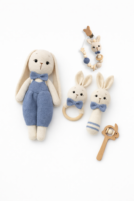 AMIGURUMI CROCHET BUNNY BABY GIFT SET – 5 PIECE